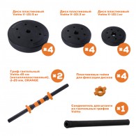 Набор пластиковых гантелей 2х16 кг Voitto V-101 + штанга, ORANGE